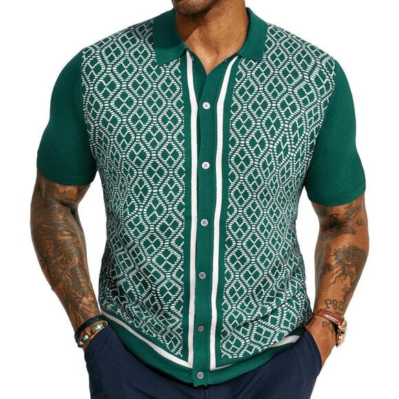 Other - Men's Pure Green Viscose 70s Vintage Short Sleeve Contrast Knitted Polo Shirts
